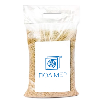 Прозорий пакет банан с пропайкой під вирубною ручкою. На передній стінці пакету прямокутний білий логотип з синім написом